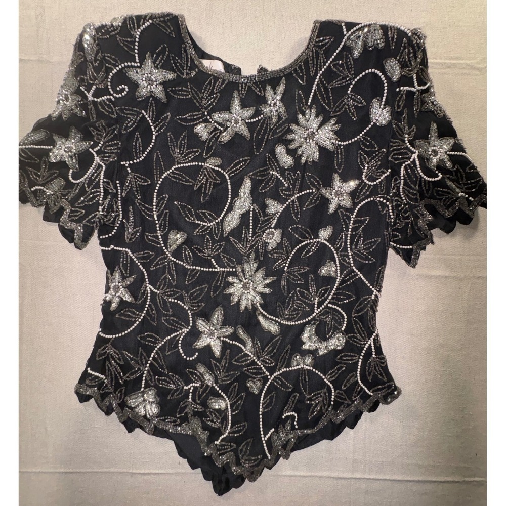 Laurence Kazar Vintage Black Silk Beaded Floral Evening Top Silver Large L